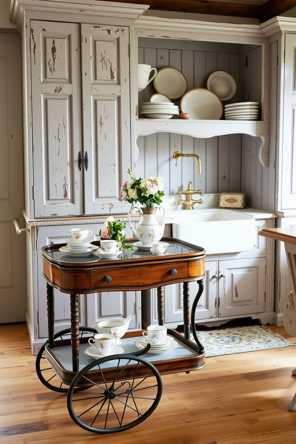 A charming tea cart is elegantly arranged with fine china teacups and a delicate teapot. The cart features intricate woodwork and is adorned with a small vase of fresh flowers. The vintage kitchen design showcases distressed cabinetry with a farmhouse sink and brass fixtures. Open shelving displays rustic dishware, while a cozy breakfast nook invites guests to linger.