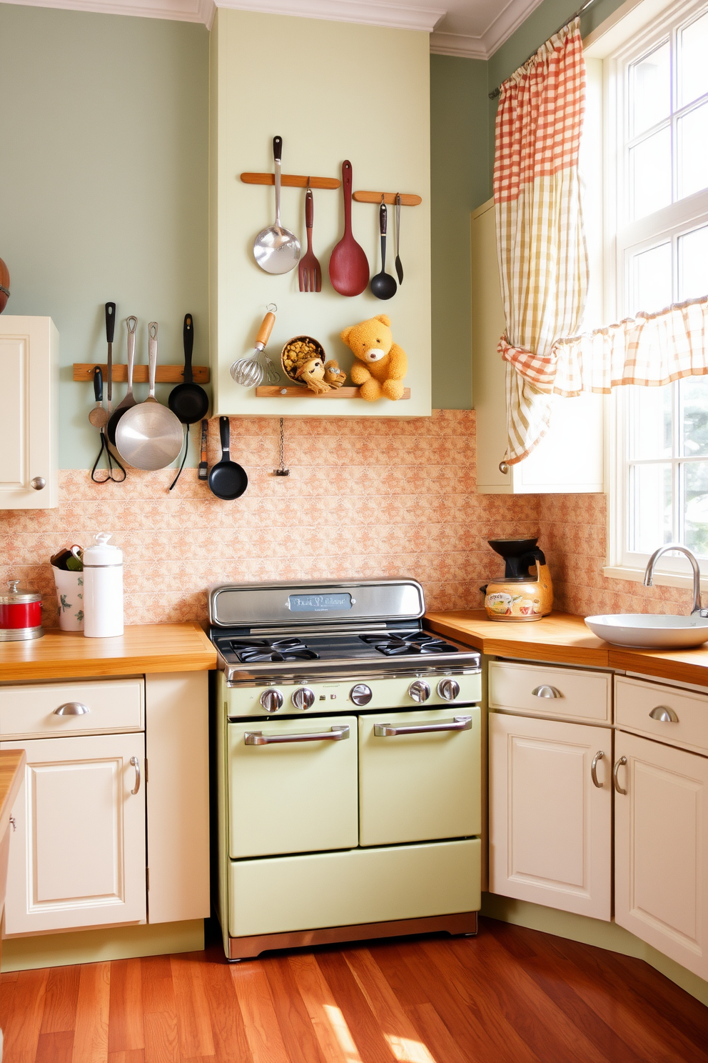 A vintage kitchen design featuring retro-inspired tile work surrounding the stove. The cabinetry is painted in soft pastel colors, and the countertops are made of butcher block for a warm, inviting feel. The stove is a classic model with chrome accents, and a collection of vintage kitchen utensils is displayed on the wall. Natural light floods the space through a large window adorned with cheerful gingham curtains.