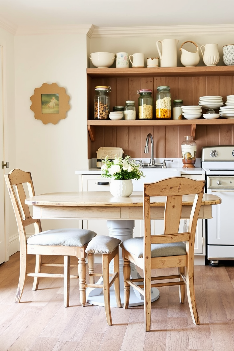 Classic farmhouse-style dining chairs feature a rustic wooden finish with a slightly weathered look. The seats are upholstered in a soft, neutral fabric, providing comfort while maintaining a charming, country aesthetic. Vintage kitchen design ideas include open shelving displaying antique dishware and mason jars filled with ingredients. The color palette consists of soft pastels and creamy whites, complemented by a farmhouse sink and retro appliances.