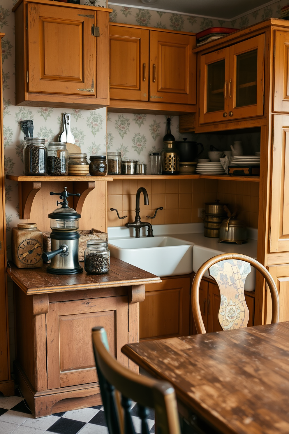 A charming pot rack hangs gracefully over a spacious kitchen island, showcasing an array of copper pots and pans. The kitchen features vintage-inspired cabinetry with intricate detailing, painted in a soft pastel hue that complements the warm wood tones of the island.