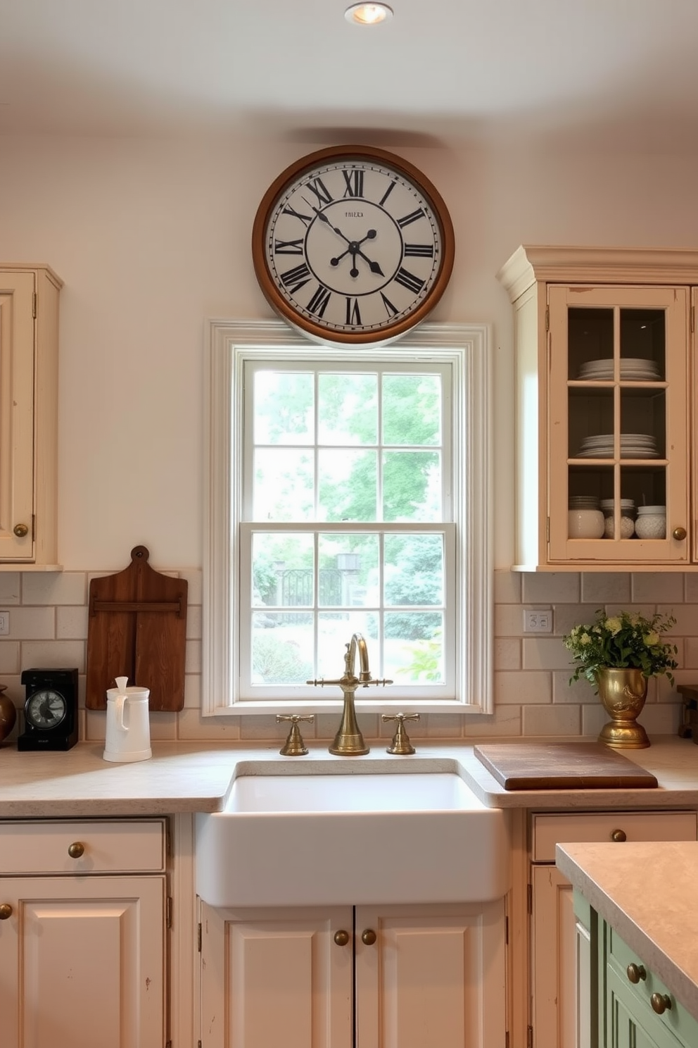 An old-fashioned clock with a classic design hangs prominently on the wall. The clock features ornate detailing and a polished wooden frame that complements the overall aesthetic of the space. The vintage kitchen design incorporates distressed cabinetry in soft pastel colors. A farmhouse sink sits beneath a window, with brass fixtures adding a touch of elegance to the rustic charm.