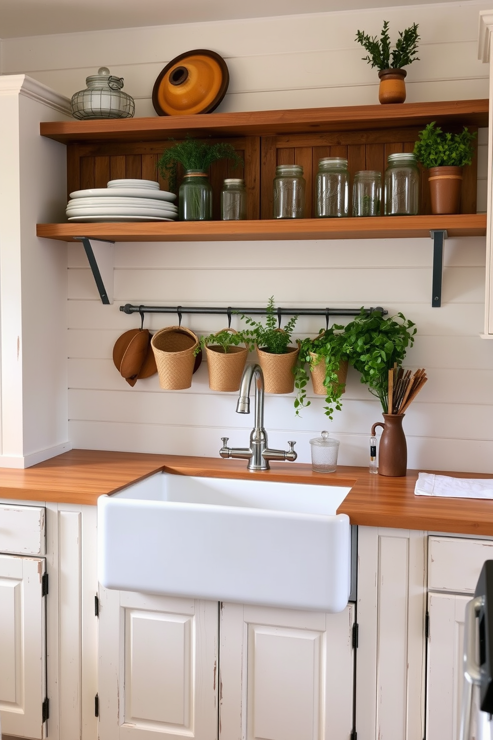 A vintage farmhouse sink with an apron front is the centerpiece of this charming kitchen. Surrounding the sink are distressed wooden cabinets painted in soft white, complemented by a butcher block countertop. The walls are adorned with shiplap in a light pastel color, creating a cozy and inviting atmosphere. Rustic open shelving displays vintage dishware and mason jars filled with herbs, adding character to the space.