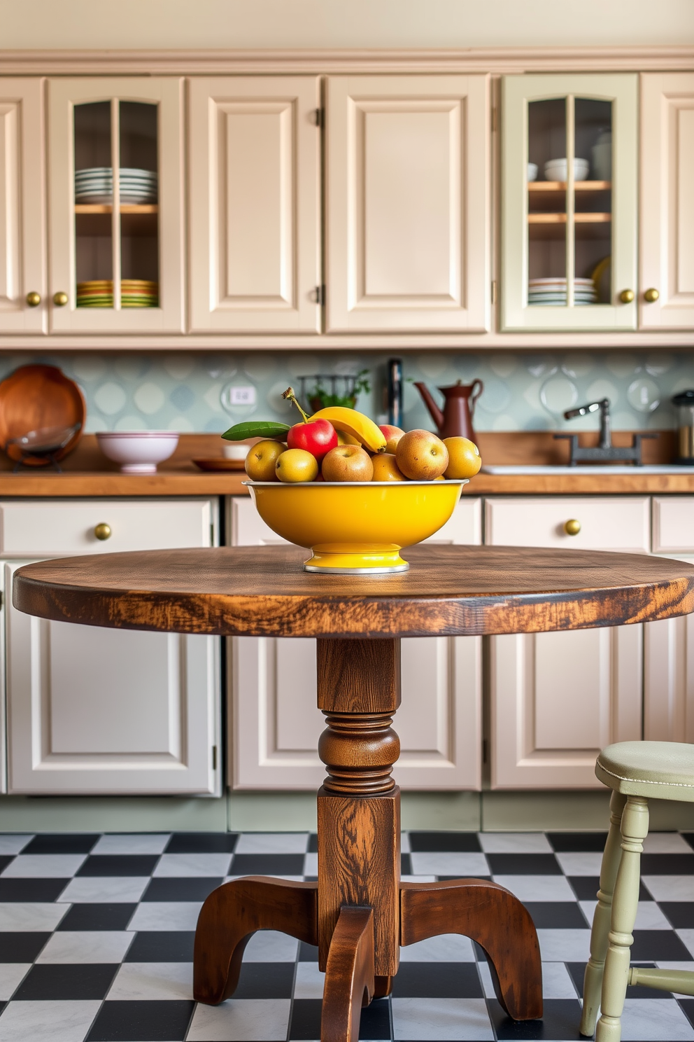 A retro fruit bowl sits prominently as the centerpiece on a rustic wooden table in a vintage kitchen. The kitchen features pastel-colored cabinets with brass handles and a classic checkered floor that complements the nostalgic aesthetic.