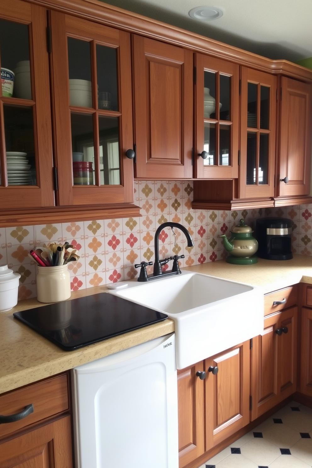 A retro fridge in pastel colors stands prominently in a charming vintage kitchen. The cabinets are painted in soft cream, complemented by a checkerboard floor in black and white. Rustic wooden shelves display colorful dishware, adding warmth to the space. A farmhouse sink with a vintage faucet sits beneath a window adorned with floral curtains.