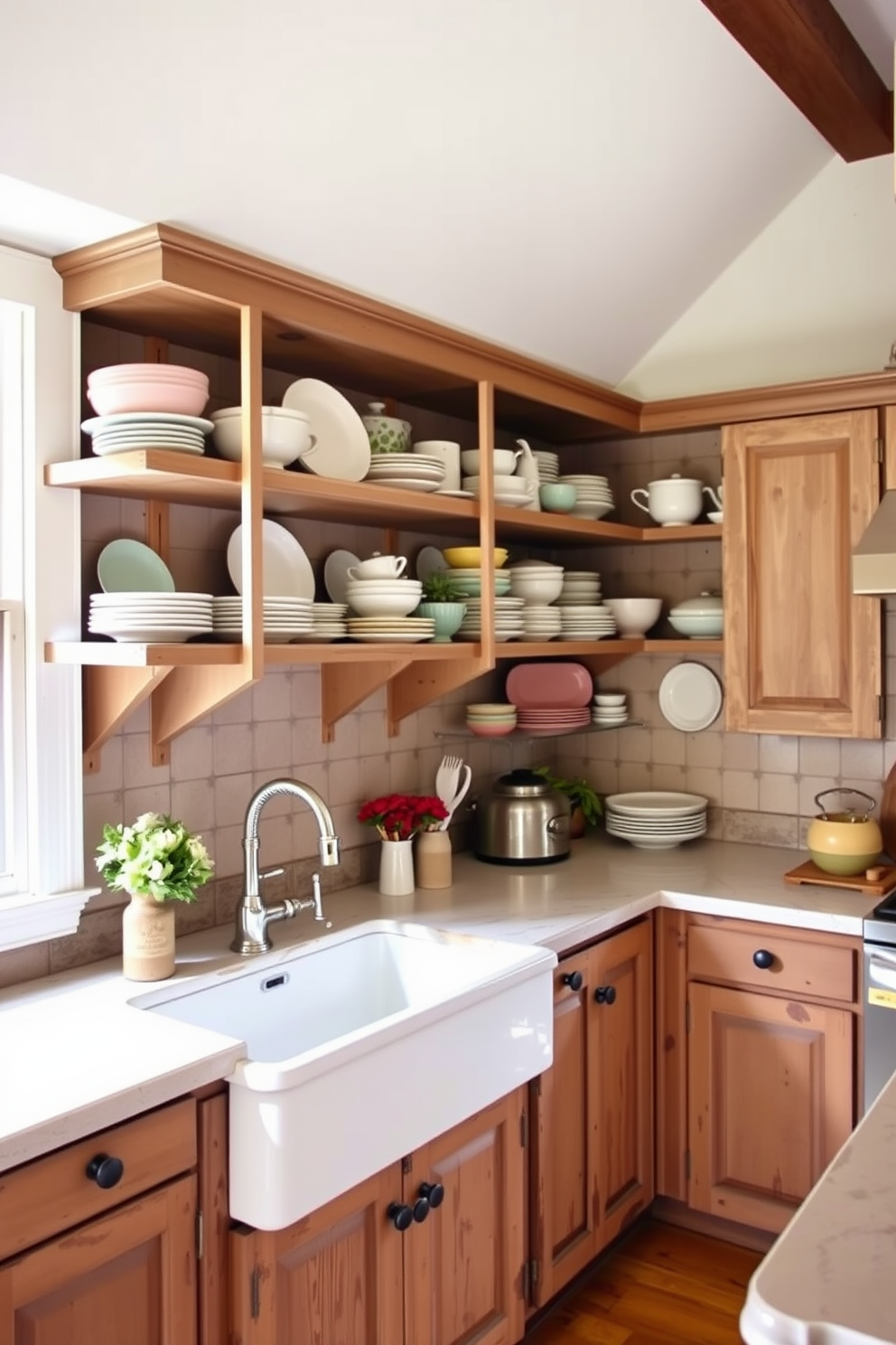 Charming open shelving displays an array of vintage dishware in soft pastel colors. The kitchen features distressed wooden cabinets and a farmhouse sink, creating a warm and inviting atmosphere.