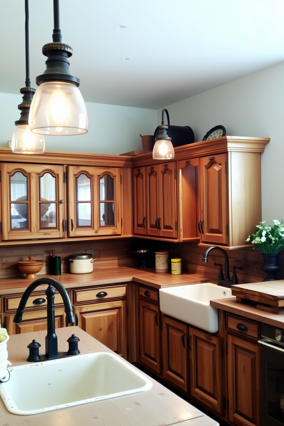 A cozy kitchen featuring butcher block countertops that add warmth and character to the space. The cabinets are painted in a soft pastel color, complementing the rustic charm of the vintage kitchen design. An antique farmhouse sink sits beneath a window adorned with lace curtains, allowing natural light to fill the room. Open shelving displays charming dishware and vintage kitchen tools, enhancing the nostalgic atmosphere.