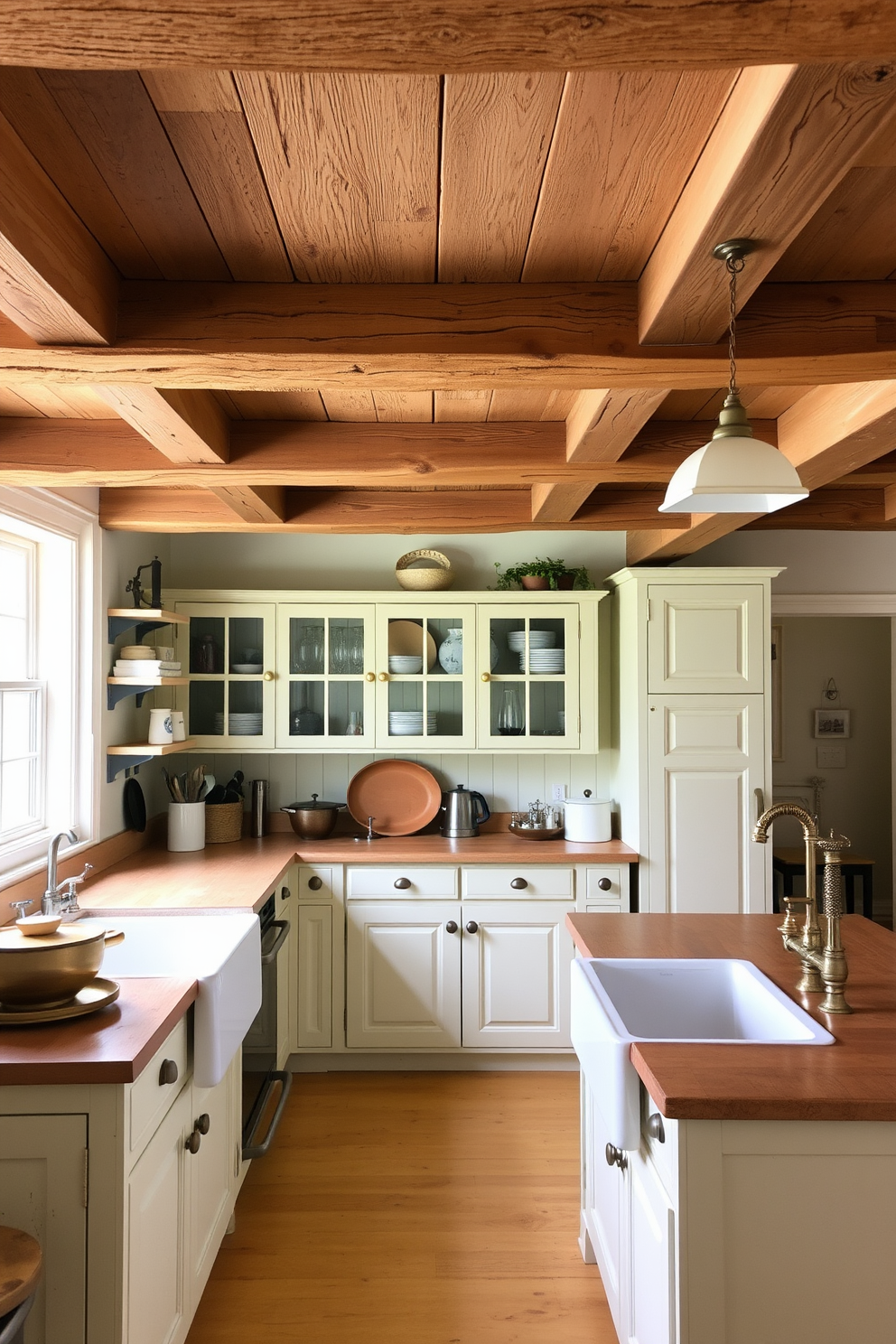 A charming vintage kitchen with rustic wooden beams across the ceiling. The cabinetry is painted in a soft pastel color, complemented by a farmhouse sink and antique brass fixtures.