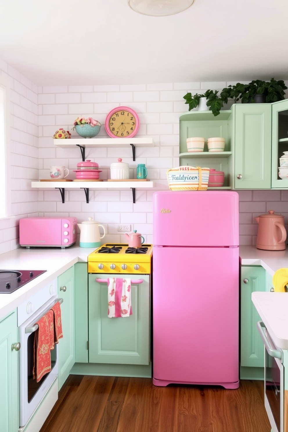 A vibrant kitchen filled with colorful retro appliances in pastel shades creates a cheerful atmosphere. The walls are adorned with white subway tiles, and the cabinets feature a soft mint green finish, complementing the pink and yellow appliances.