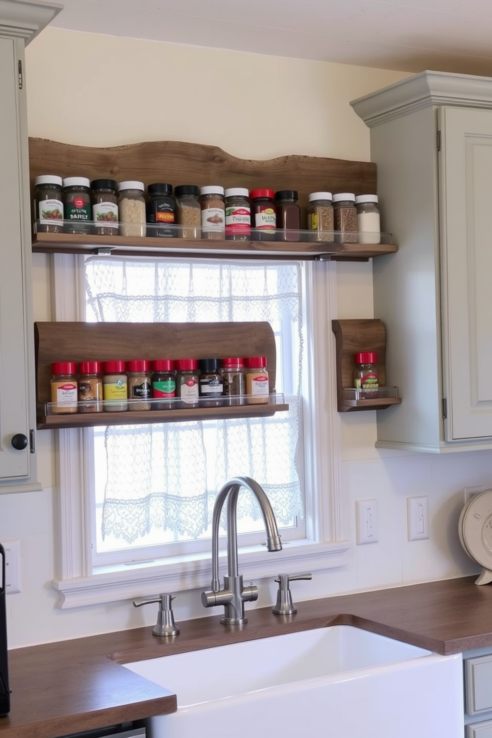 A nostalgic kitchen setting showcases wall-mounted spice racks made of reclaimed wood, filled with an array of colorful spice jars. The cabinetry features a distressed finish, and a farmhouse sink sits beneath a window framed with lace curtains.