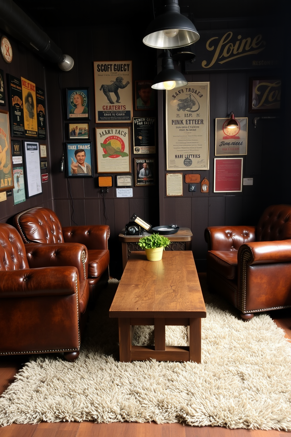 Leather armchairs with vintage patina are arranged around a rustic wooden coffee table. The walls are adorned with vintage posters and memorabilia, creating a cozy and inviting atmosphere. A plush area rug lies underfoot, adding warmth to the space. Ambient lighting from industrial-style lamps enhances the character of the man cave, making it perfect for relaxation and entertainment.