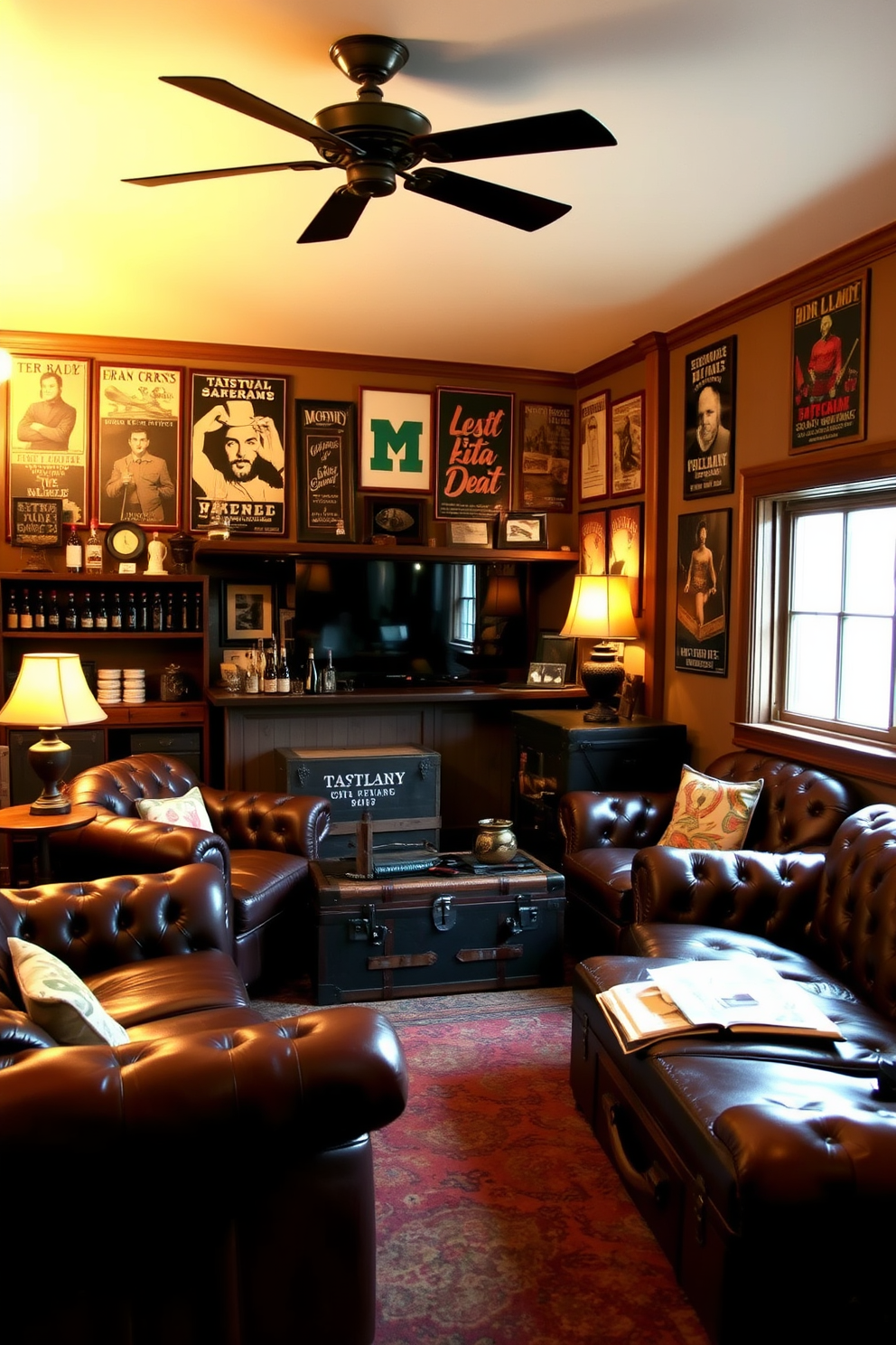 A rustic industrial shelving unit made of reclaimed wood and black metal brackets displays an array of vintage decor items. Antique books, retro clocks, and unique collectibles are artfully arranged, creating a cozy yet stylish atmosphere. The man cave features a rich leather sofa paired with a reclaimed wood coffee table that showcases a vintage game console. Industrial-style lighting fixtures hang from the ceiling, casting a warm glow over the space filled with nostalgic memorabilia.