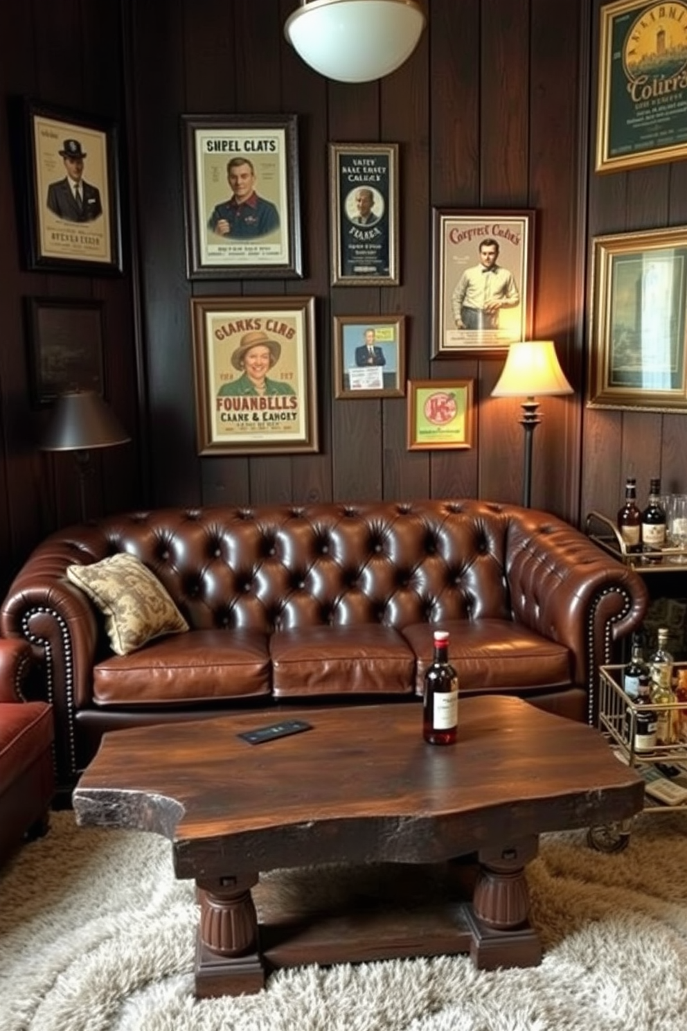 A luxurious leather sofa with a tufted design takes center stage in a vintage man cave. The walls are adorned with dark wood paneling, and a large, rustic coffee table sits in front of the sofa, complemented by an antique lamp in the corner. Framed vintage posters and memorabilia decorate the walls, adding character and charm to the space. A plush area rug anchors the seating arrangement, while a small bar cart filled with whiskey bottles and glassware completes the inviting atmosphere.