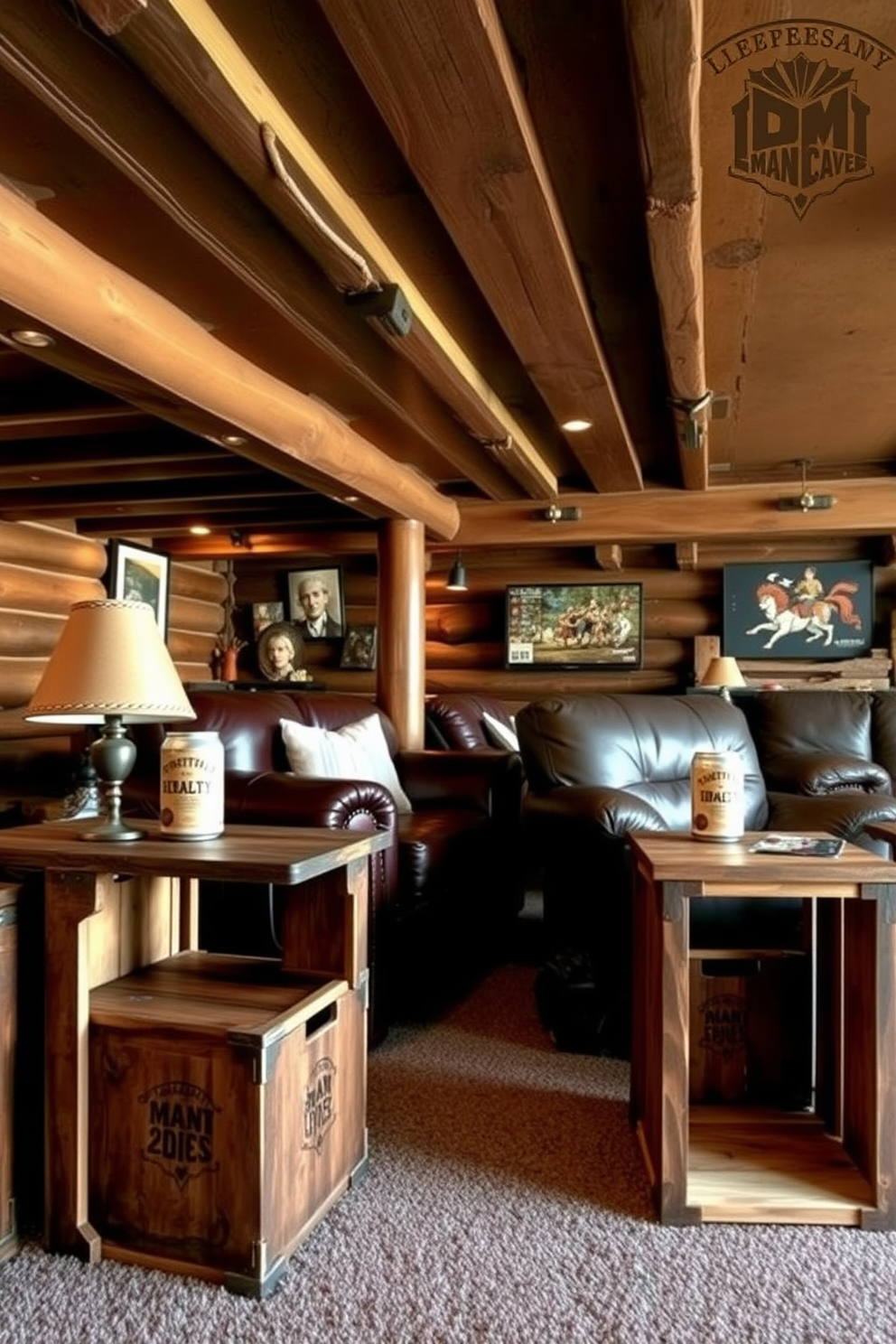 Old wooden crates serve as rustic side tables, adding character to the space. The man cave features leather seating and warm lighting, creating an inviting atmosphere.