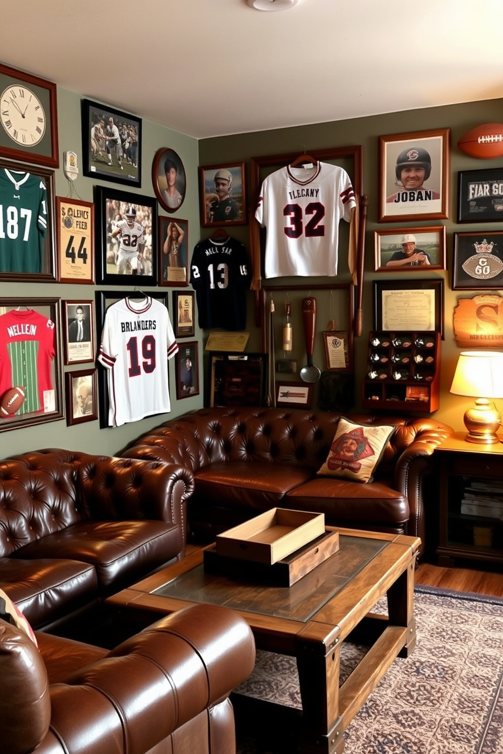 A cozy man cave adorned with vintage sports memorabilia on the walls. Framed jerseys, signed photographs, and classic sports equipment create a nostalgic atmosphere. The room features a plush leather sofa and a rustic wooden coffee table. Soft lighting from vintage-style lamps adds warmth to the inviting space.