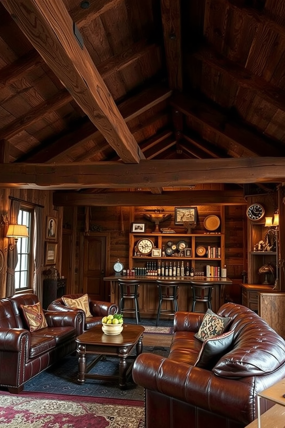 Rustic wooden beams stretch across the ceiling, adding warmth and character to the space. The beams are complemented by soft ambient lighting that enhances the cozy atmosphere. The vintage man cave features leather furniture with rich textures and deep colors. A reclaimed wood bar area showcases antique decor and memorabilia, creating a nostalgic retreat for relaxation and entertainment.