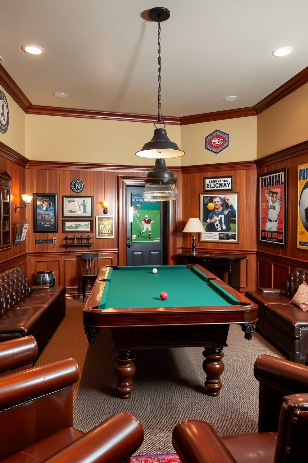 A classic billiards table is the centerpiece of a vintage man cave, surrounded by rich wood paneling and leather seating. The walls are adorned with framed sports memorabilia and vintage posters, creating a nostalgic atmosphere perfect for entertaining friends.