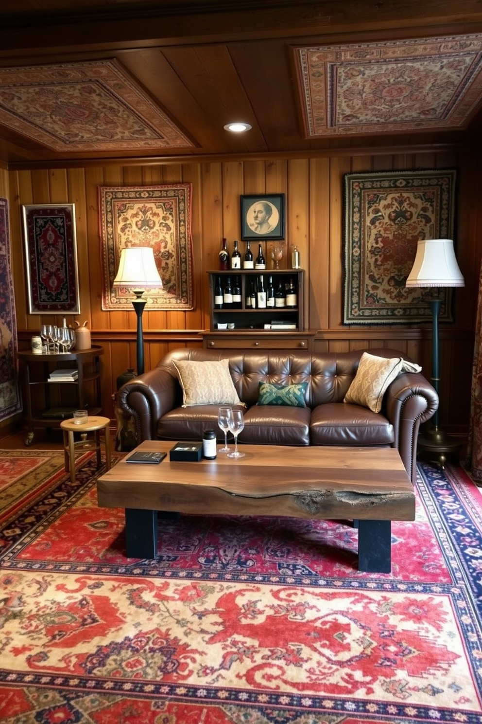 A rustic wooden coffee table serves as the centerpiece of the room, showcasing its natural grain and texture. Surrounding the table are leather armchairs and a plush sofa, creating a cozy atmosphere perfect for relaxation. The walls are adorned with vintage memorabilia and rustic decor, reflecting a classic man cave aesthetic. Dim lighting from industrial-style fixtures enhances the warm, inviting vibe of the space.