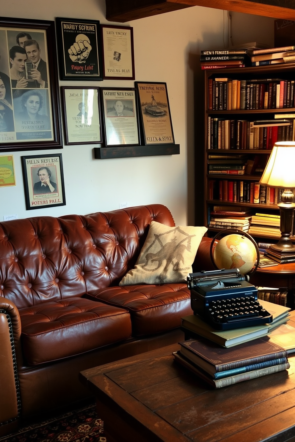 A cozy vintage man cave featuring a distressed leather sofa and a rustic wooden coffee table. The walls are adorned with framed vintage posters and a shelf filled with books and memorabilia, creating a warm and inviting atmosphere. A vintage typewriter sits prominently on a side table, surrounded by aged books and a classic globe. Soft lighting from an antique lamp casts a warm glow, enhancing the nostalgic charm of the space.