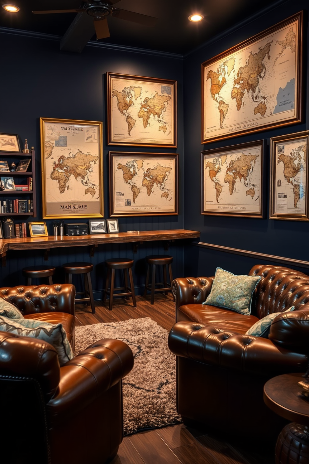 A cozy man cave featuring framed vintage maps as wall art. The room is adorned with rich leather furniture, a rustic wooden bar, and ambient lighting that creates a warm atmosphere. The walls are painted in deep navy blue, complementing the vintage maps that showcase various historical locations. A plush area rug anchors the seating area, while shelves filled with books and memorabilia add character to the space.