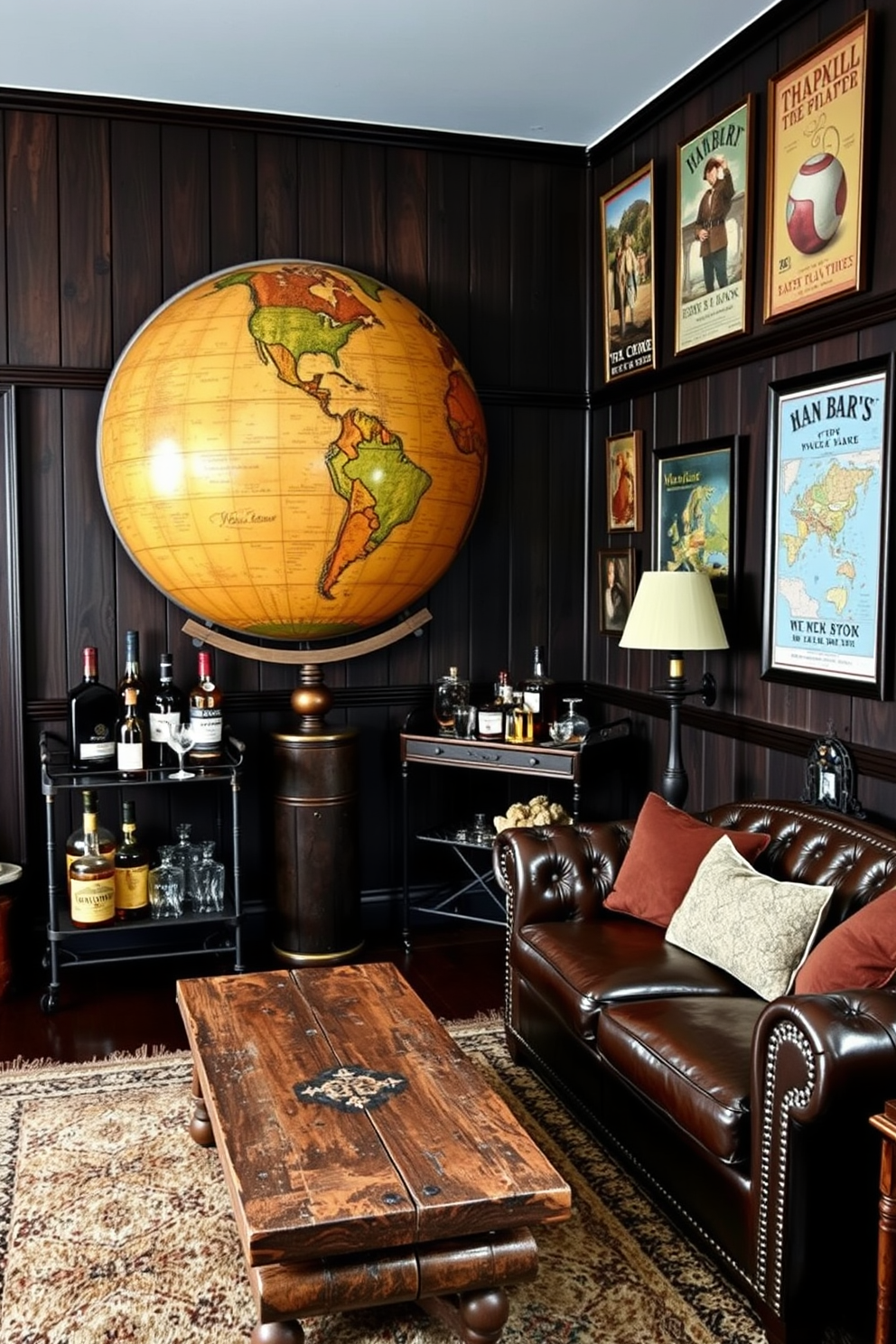 A cozy vintage man cave featuring a large old-fashioned globe as a central decor piece. The walls are adorned with dark wood paneling, and a leather sofa is positioned in front of a rustic coffee table. In one corner, a classic bar cart holds an assortment of aged whiskey bottles and glassware. Antique travel posters decorate the walls, enhancing the travel theme throughout the space.