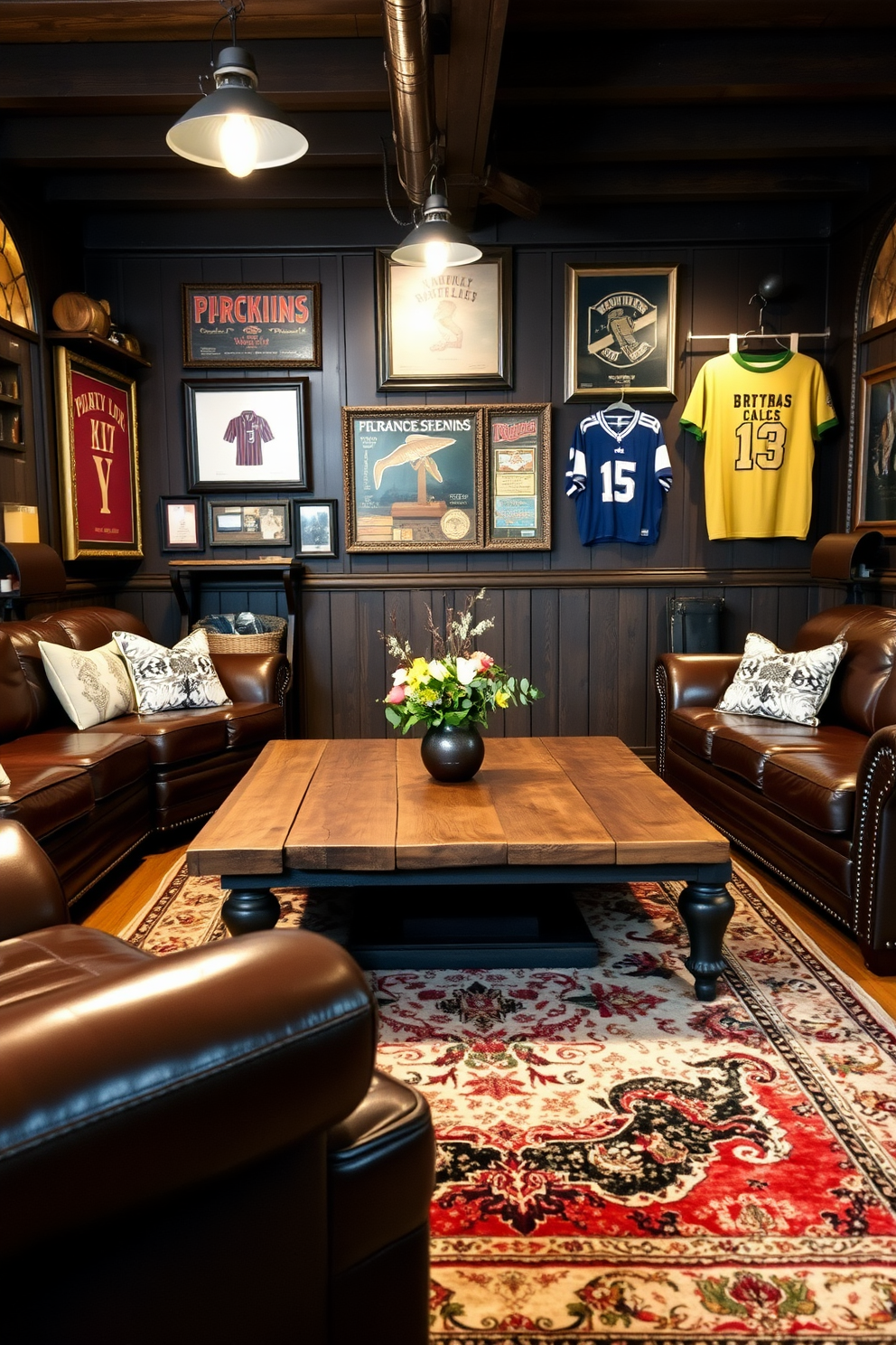 A rustic reclaimed wood coffee table sits at the center of a cozy man cave adorned with vintage decor. Surrounding the table are plush leather sofas and an antique rug that adds warmth to the space. The walls are lined with dark wood paneling, showcasing vintage memorabilia and framed sports jerseys. Soft lighting from industrial-style fixtures creates an inviting atmosphere perfect for relaxation and entertainment.