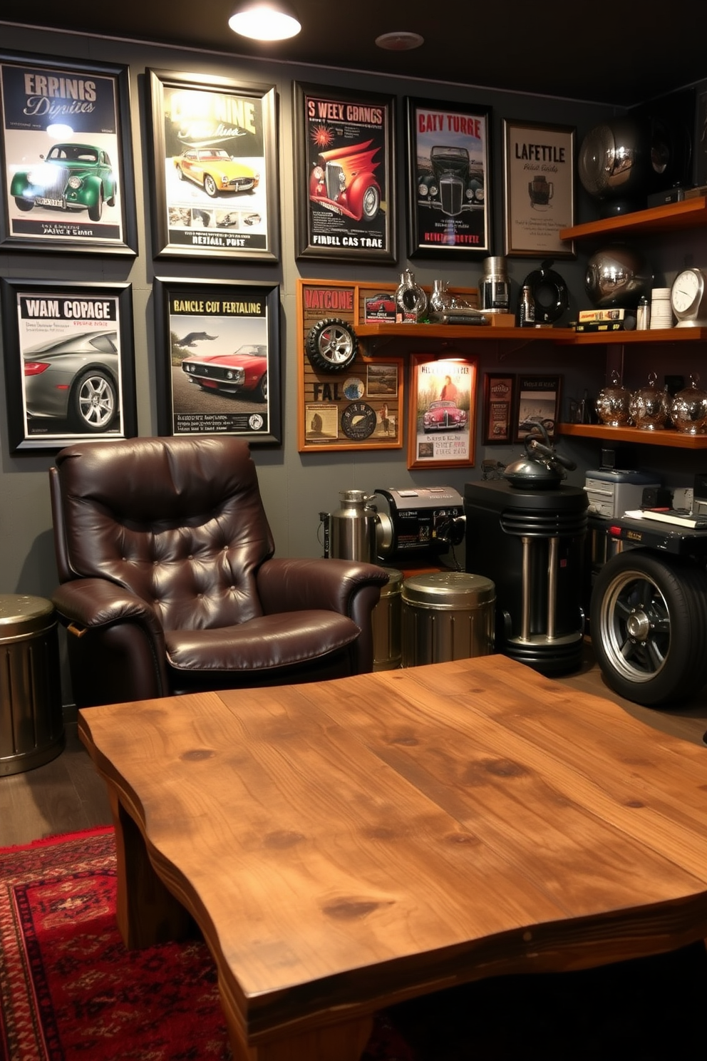 A vintage man cave featuring classic car parts as decor accents. The walls are adorned with framed vintage car posters, while shelves showcase gleaming chrome parts and retro memorabilia. A leather recliner sits in the corner, complemented by a rustic wooden coffee table made from reclaimed wood. The space is illuminated by warm lighting, creating an inviting atmosphere for relaxation and entertainment.