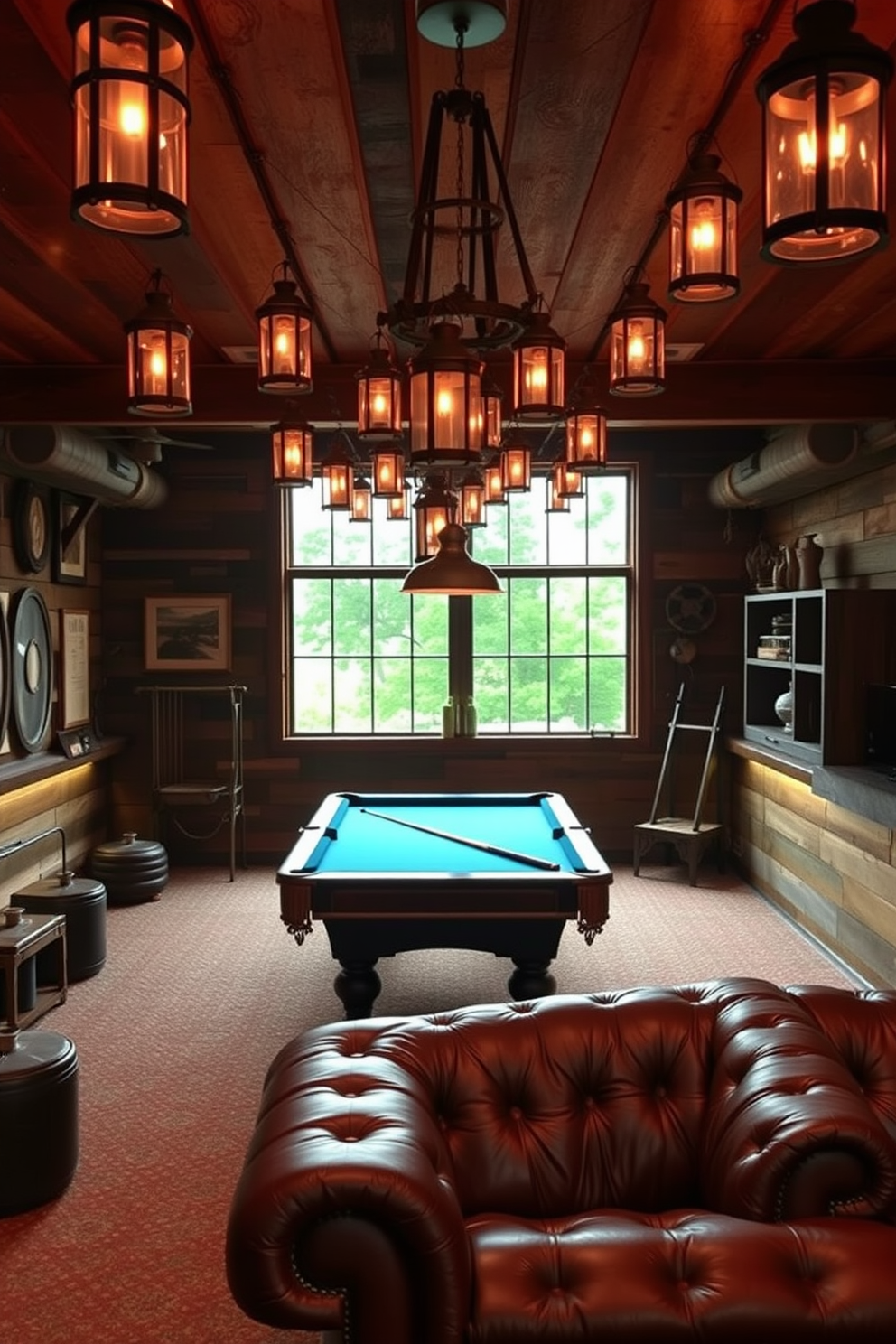 A cozy man cave adorned with rustic lanterns casting a warm glow throughout the space. The walls are lined with reclaimed wood, and a plush leather sofa invites relaxation, complemented by a vintage pool table in the center.