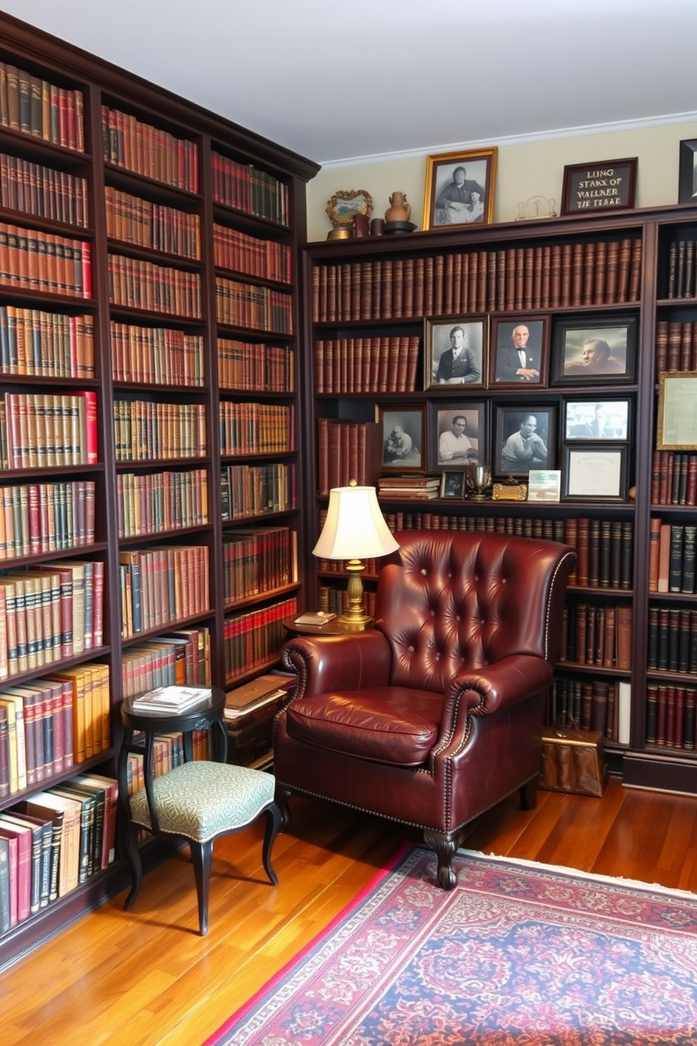 A cozy library setting filled with leather-bound books on dark wooden shelves. A plush leather armchair sits in the corner, accompanied by a small side table holding a vintage lamp. The walls are adorned with framed photographs and memorabilia, creating a nostalgic atmosphere. A rich, patterned area rug covers the hardwood floor, adding warmth to the space.