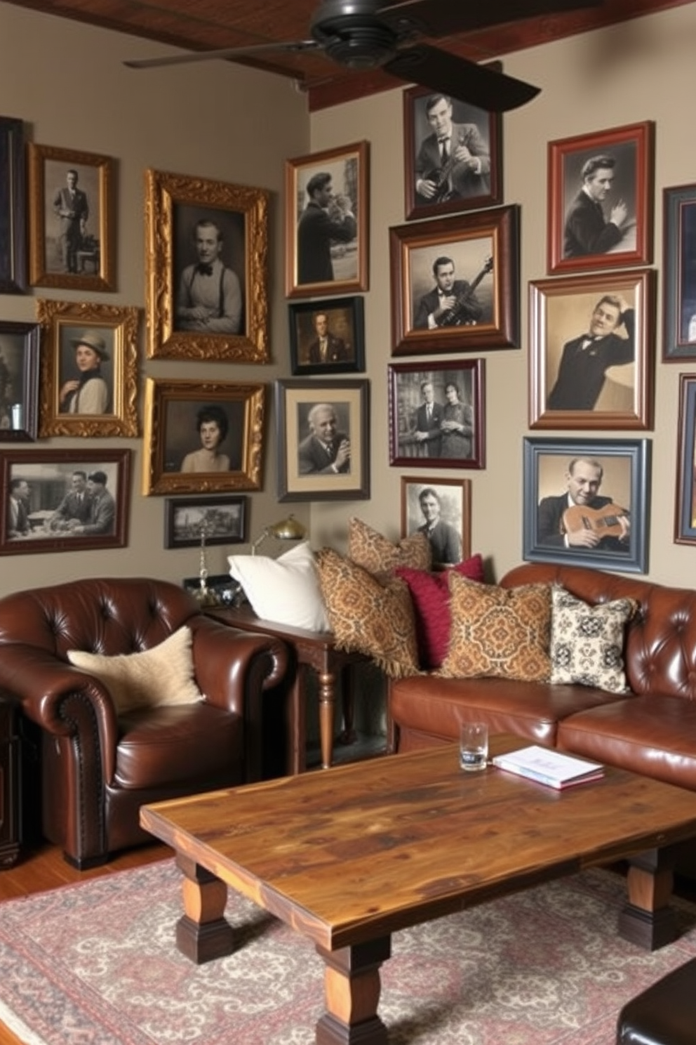 A cozy man cave featuring leather ottomans arranged around a low wooden coffee table. The walls are adorned with vintage sports memorabilia and rustic wood paneling, creating a warm and inviting atmosphere. Soft lighting from industrial-style lamps casts a gentle glow over the space, highlighting the rich textures of the leather and wood. A plush area rug anchors the seating area, adding comfort and style to this relaxed retreat.