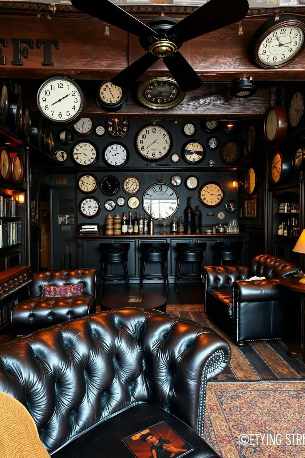 A cozy vintage man cave featuring deep leather seating and warm wood accents. The walls are adorned with an eclectic mix of vintage clocks, adding a timeless touch to the space. Rich, dark colors dominate the palette, complemented by soft lighting that creates an inviting atmosphere. A rustic bar area with vintage memorabilia enhances the overall charm of this retreat.