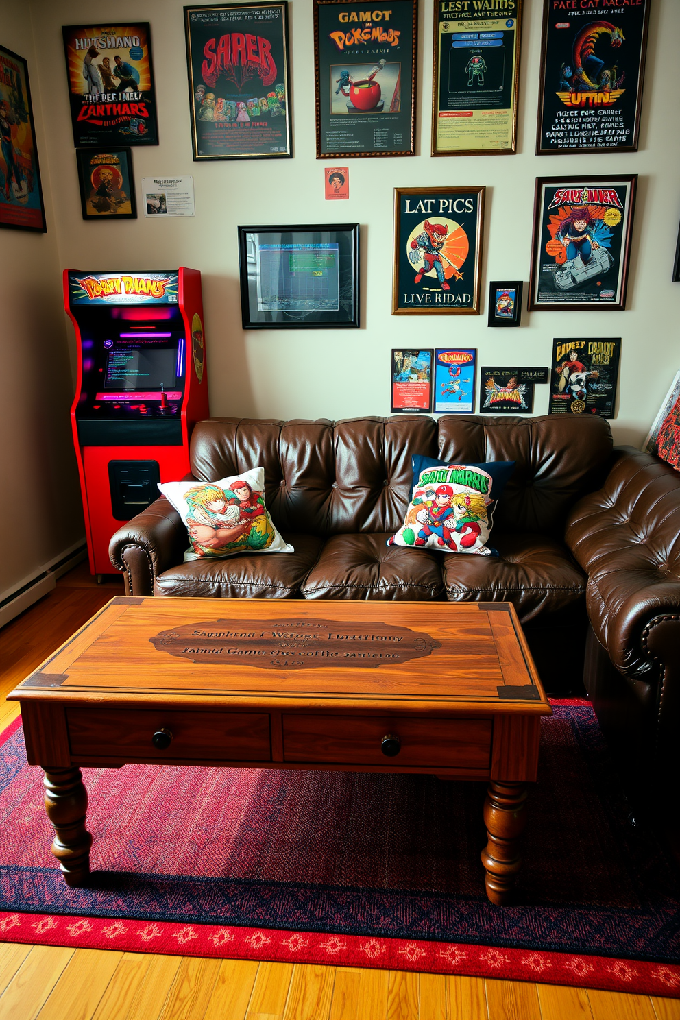 A retro gaming console setup features a classic arcade machine in the corner with vibrant artwork and neon lights. A vintage wooden coffee table sits in front of a plush leather sofa, adorned with colorful throw pillows showcasing iconic gaming characters. The walls are decorated with framed posters of classic video games and memorabilia, creating a nostalgic atmosphere. A retro rug lies beneath the coffee table, adding warmth and character to the space.