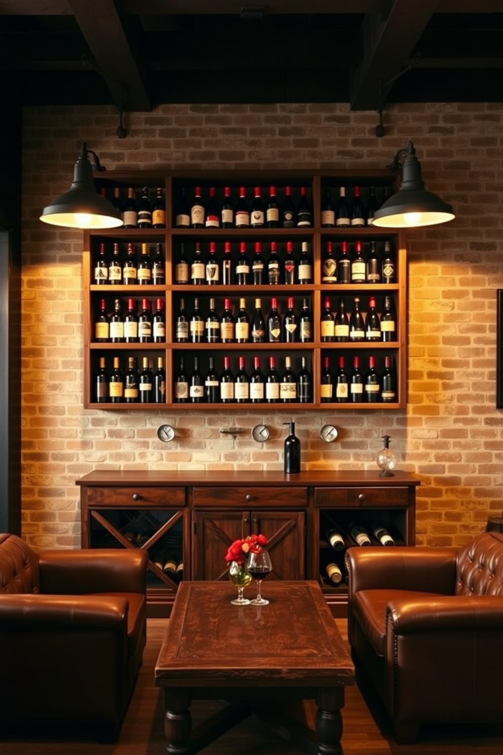 A wooden wine rack stands prominently against the wall, showcasing an impressive collection of vintage bottles. The rich, dark wood contrasts beautifully with the exposed brick backdrop, creating a warm and inviting atmosphere. Leather armchairs are arranged around a rustic coffee table, providing a cozy spot for gatherings. Dim lighting from industrial-style fixtures casts a soft glow, enhancing the nostalgic ambiance of the man cave.