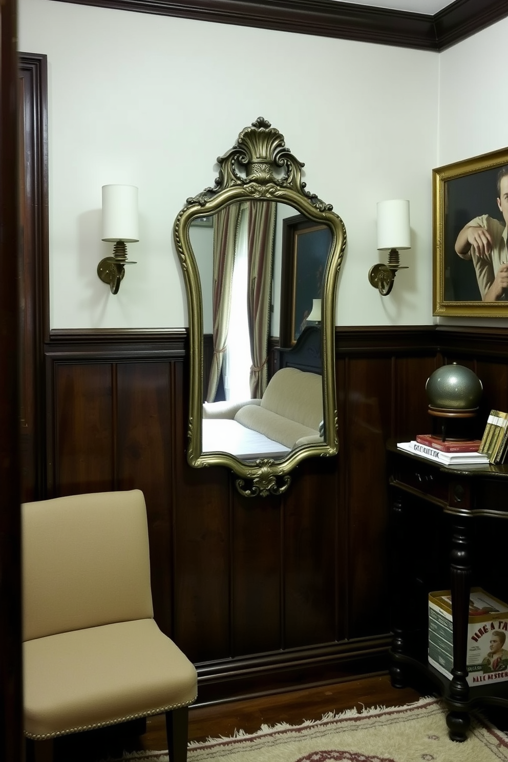 A vintage man cave featuring an antique mirror that adds a touch of elegance to the space. The walls are adorned with dark wood paneling and the floor is covered with a plush area rug, creating a cozy atmosphere.