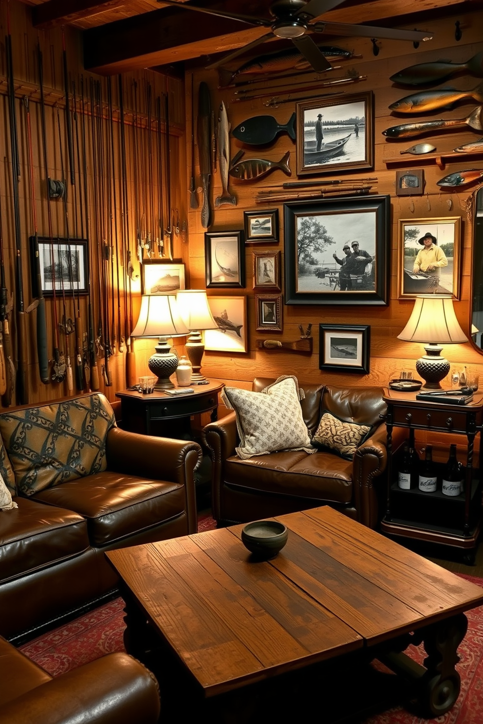 A rustic man cave featuring vintage fishing gear as wall art. The walls are adorned with an assortment of old fishing rods, lures, and framed photographs of fishing trips, creating a nostalgic atmosphere. The space includes a comfortable leather sofa and a wooden coffee table with a weathered finish. Soft lighting from antique lamps adds warmth, while a vintage bar cart in the corner invites relaxation and conversation.