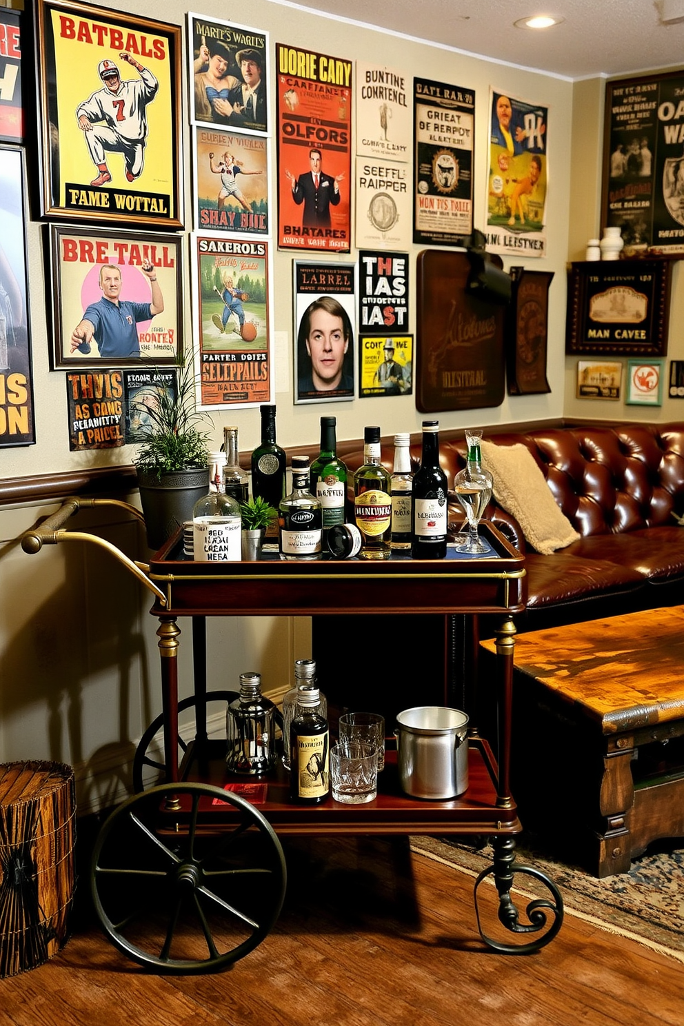 A reclaimed wood bar is the centerpiece of the room, featuring a rustic finish that highlights the natural grain. Surrounding the bar are high-backed stools upholstered in dark leather, providing comfort and style for guests. The walls are adorned with vintage memorabilia and framed photographs, creating a nostalgic atmosphere. Soft lighting from industrial-style fixtures casts a warm glow, enhancing the cozy vibe of the man cave.