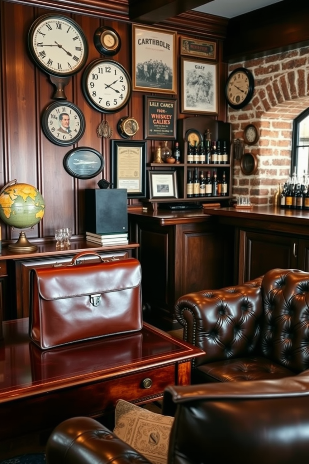 A classic leather briefcase sits elegantly on a polished mahogany desk, its rich texture complementing the warm tones of the room. The walls are adorned with dark wood paneling, and a vintage globe adds a touch of sophistication to the space. In a vintage man cave, exposed brick walls create a rugged backdrop for a collection of antique sports memorabilia. A plush leather sofa invites relaxation, while a handcrafted wooden bar showcases an array of whiskey bottles and glassware.