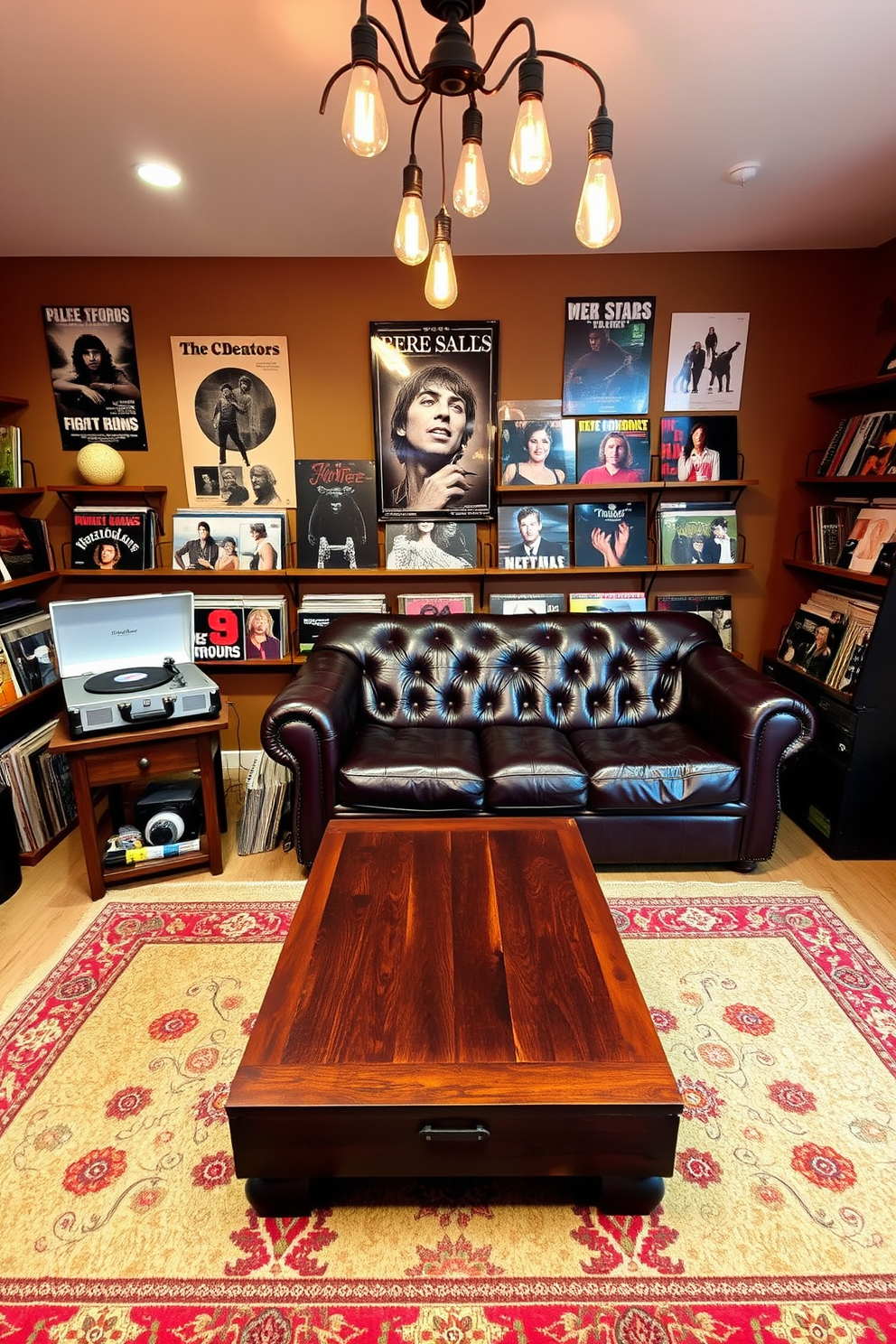 A vintage record player sits prominently on a rustic wooden stand, surrounded by a curated collection of vinyl records displayed on open shelves. The walls are adorned with classic band posters, and a plush leather sofa invites relaxation in the cozy atmosphere. The room features warm ambient lighting, with vintage-style Edison bulbs hanging from the ceiling. A rich, dark wood coffee table sits in the center, complemented by a patterned area rug that adds character to the man cave.