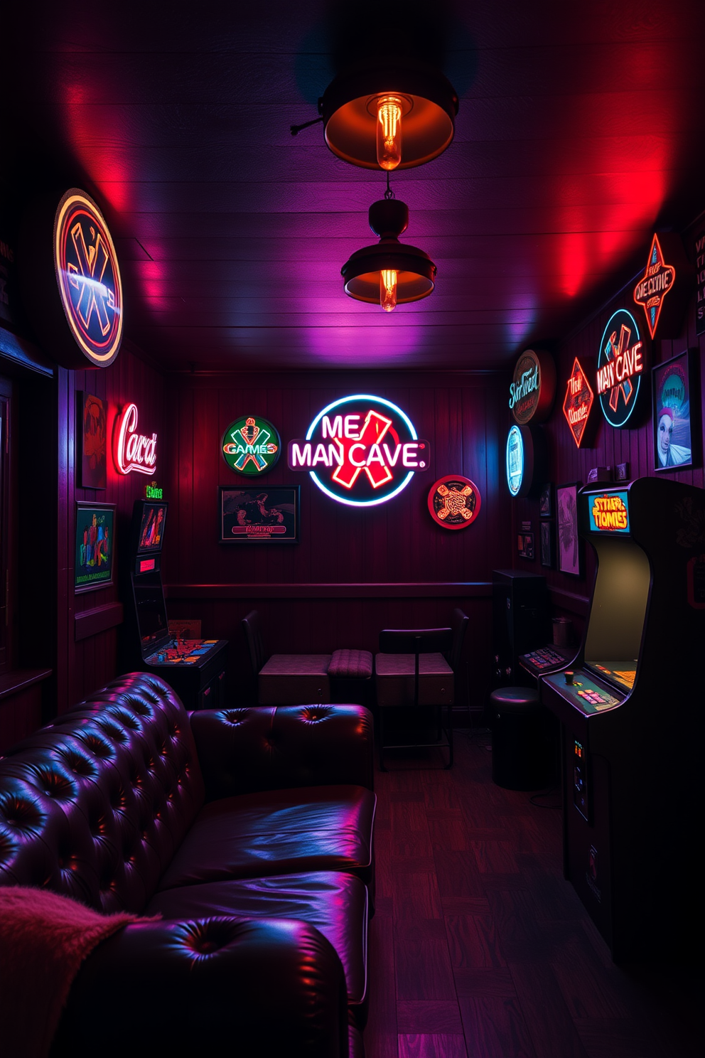 A cozy man cave featuring rustic lighting with Edison bulbs hanging from exposed beams. The walls are adorned with reclaimed wood panels, creating a warm and inviting atmosphere. A vintage leather sofa is positioned in front of a reclaimed wood coffee table, surrounded by antique decor pieces. A classic arcade machine stands in the corner, adding a playful touch to the space.