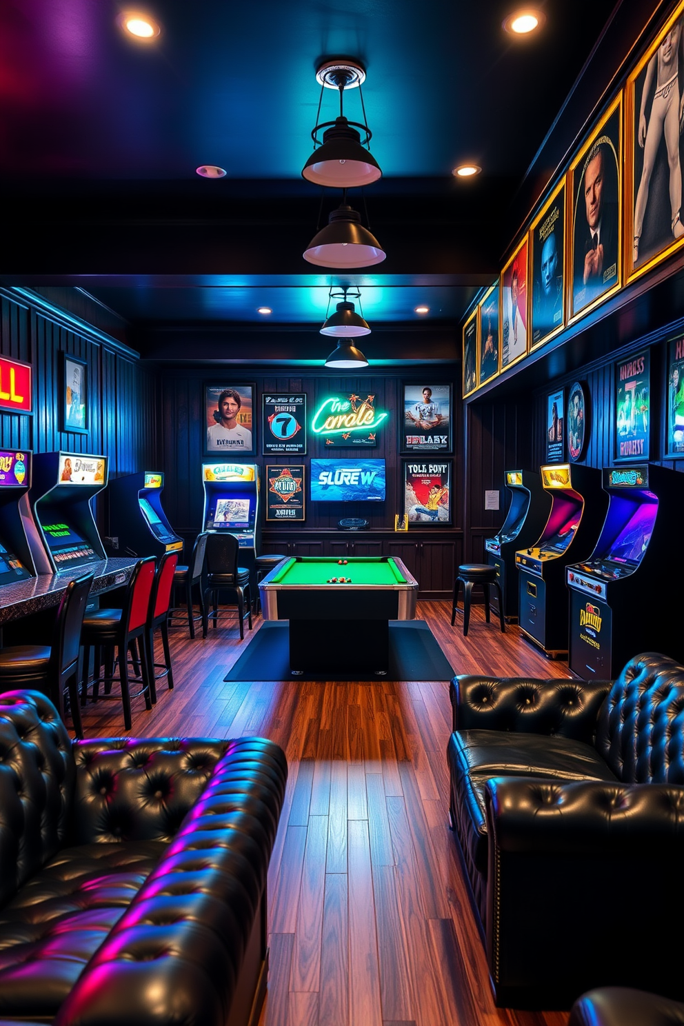 Classic arcade games for entertainment. The room features a retro-style bar with high stools and neon lighting, while vintage arcade machines line the walls, creating a nostalgic atmosphere. Vintage Man Cave Design Ideas. The space is designed with dark wood paneling, plush leather seating, and a pool table at the center, complemented by framed posters of classic movies and sports memorabilia.