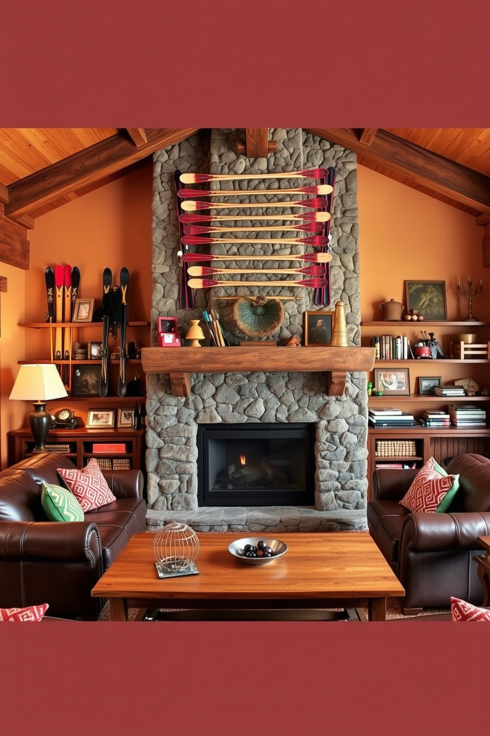 A cozy man cave featuring wall-mounted vintage skis as decor. The room is adorned with rustic wooden beams and a warm color palette, creating an inviting atmosphere. A leather sofa faces a stone fireplace, providing a perfect spot to relax. Shelves filled with vintage ski memorabilia and a wooden coffee table complete the look.