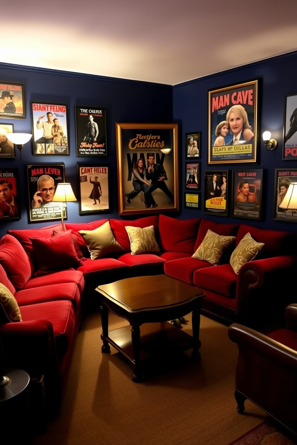 A cozy man cave adorned with retro posters of classic movies. The walls are painted in a deep navy blue, creating an inviting atmosphere for relaxation and entertainment. A plush sectional sofa in a rich burgundy color faces a vintage wooden coffee table. Ambient lighting is provided by stylish floor lamps and wall sconces, enhancing the nostalgic vibe of the space.