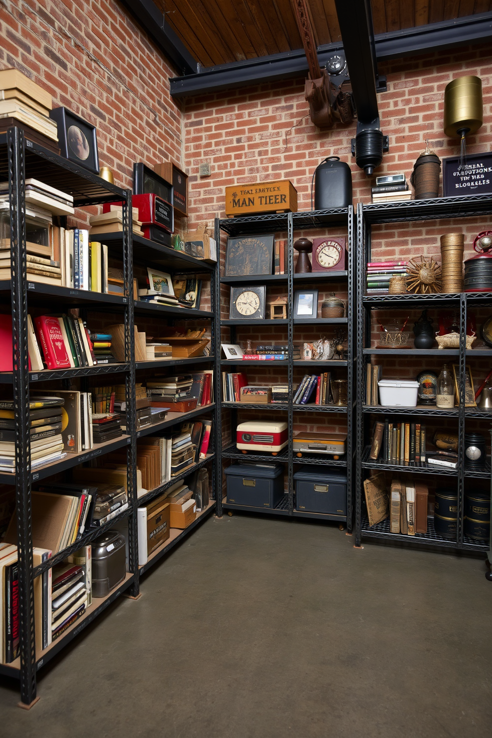 A rugged industrial space features metal shelving units that provide ample storage while showcasing a variety of vintage collectibles. The walls are adorned with exposed brick, and the floor is a polished concrete, creating an authentic man cave atmosphere. The metal shelves are filled with an eclectic mix of old books, retro memorabilia, and unique decor items. Soft ambient lighting highlights the vintage elements, creating a warm and inviting retreat for relaxation and entertainment.