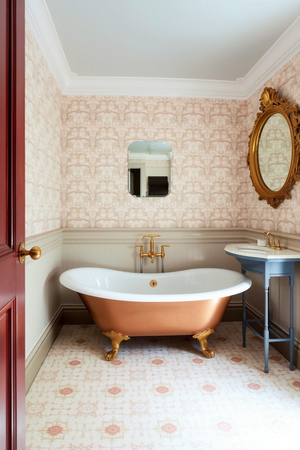 Charming pedestal sink with intricate floral wallpaper creating a warm and inviting atmosphere. The room features soft lighting and a vintage mirror above the sink, enhancing the overall elegance of the powder room.