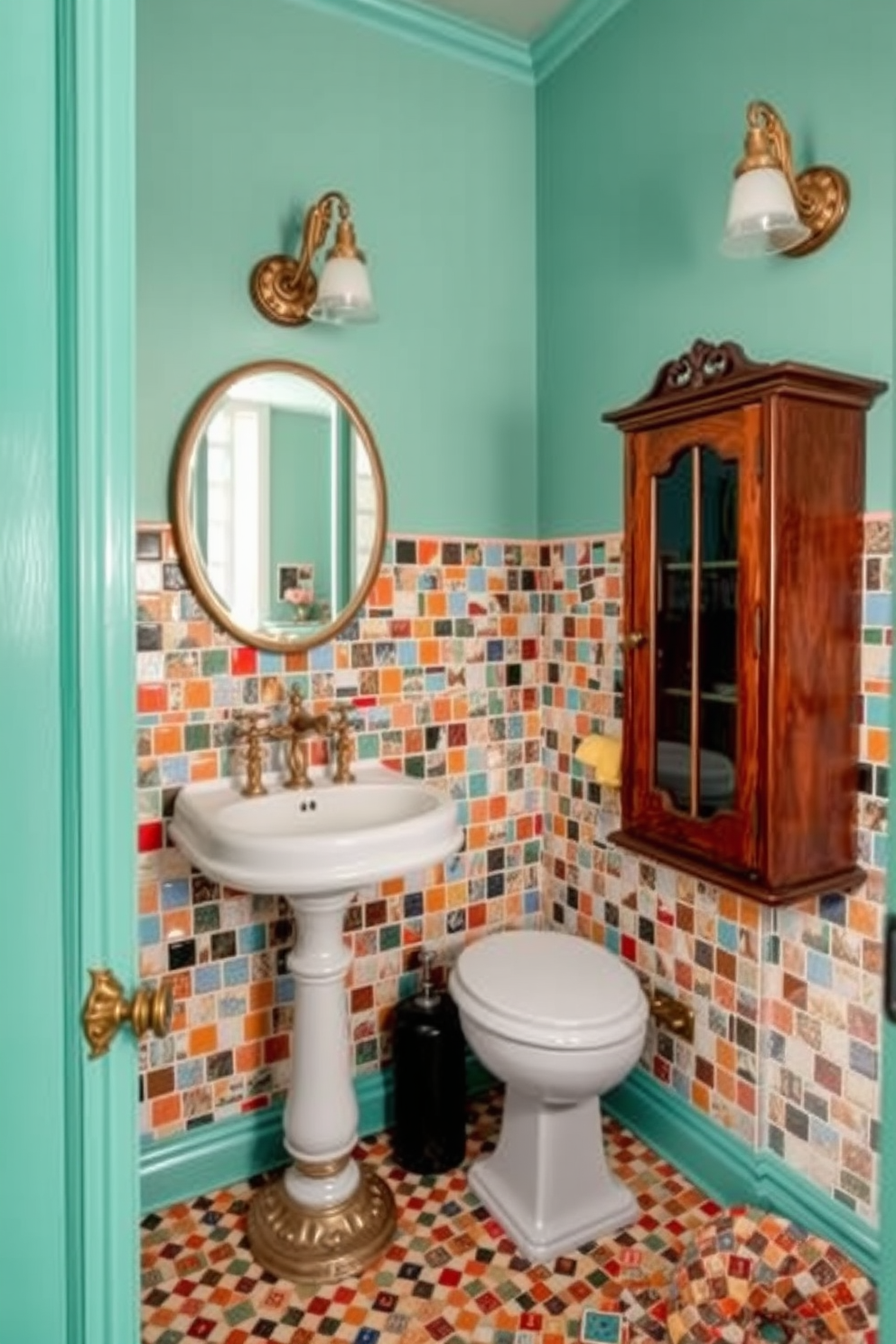 A vintage powder room features elegant lace curtains that softly filter natural light, creating a delicate and inviting atmosphere. The walls are adorned with floral wallpaper in pastel shades, while a charming pedestal sink adds to the classic appeal. Antique accessories like a framed mirror and a small wooden stool enhance the vintage aesthetic. The flooring is a checkerboard pattern in black and white, providing a timeless contrast to the soft colors of the room.