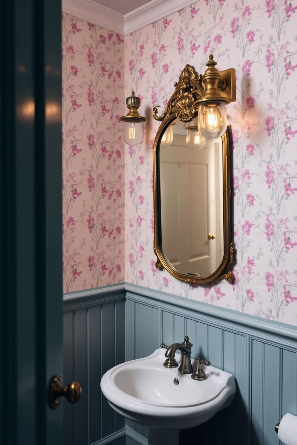 A charming vintage powder room adorned with an array of glass jars in various sizes and shapes. The walls are painted in a soft pastel hue, complemented by a delicate floral wallpaper border. A small antique wooden vanity features a classic porcelain sink with a polished brass faucet. The floor is covered with intricate mosaic tiles, and a vintage mirror hangs above the vanity, reflecting the elegant decor.