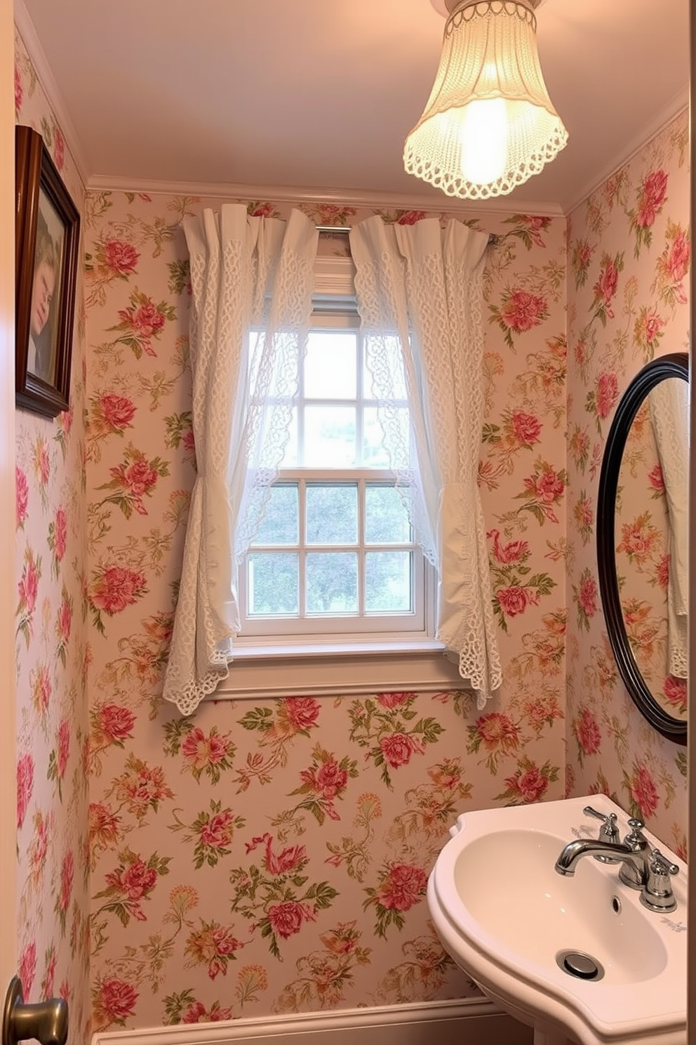 A vintage powder room with art deco style faucets and handles. The walls are adorned with intricate wallpaper featuring geometric patterns in rich colors, complemented by a sleek pedestal sink.