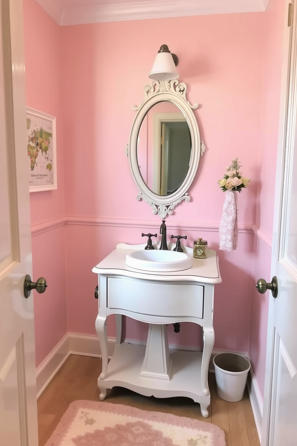 A vintage powder room features a wall-mounted soap dish made of elegant porcelain. The space is adorned with classic fixtures and soft, muted colors that evoke a sense of timeless charm.