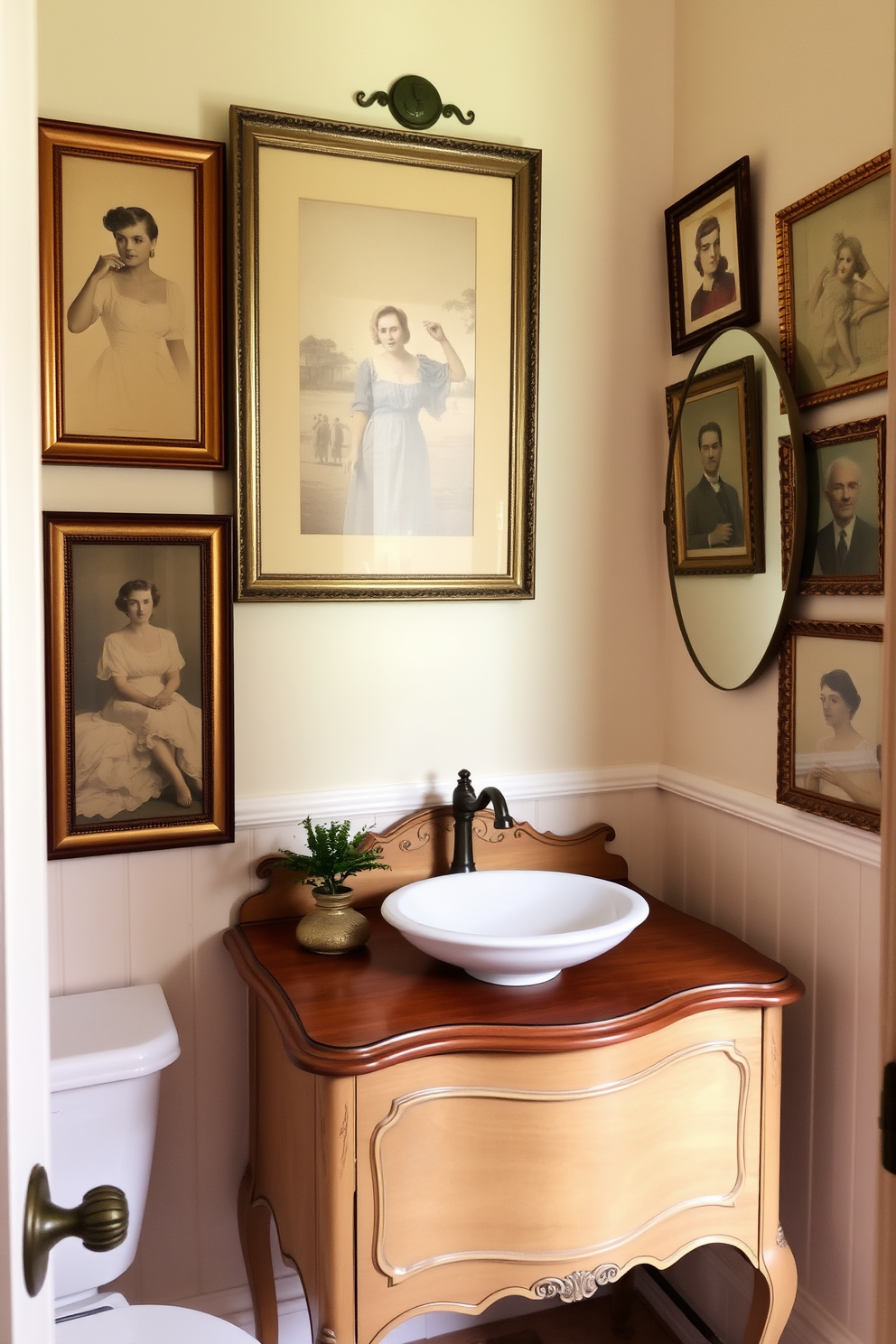 Chic vintage wallpaper adorns the walls, featuring bold patterns in rich colors that create a striking focal point. The powder room is designed with an antique wooden vanity, complemented by a classic porcelain sink and ornate fixtures.