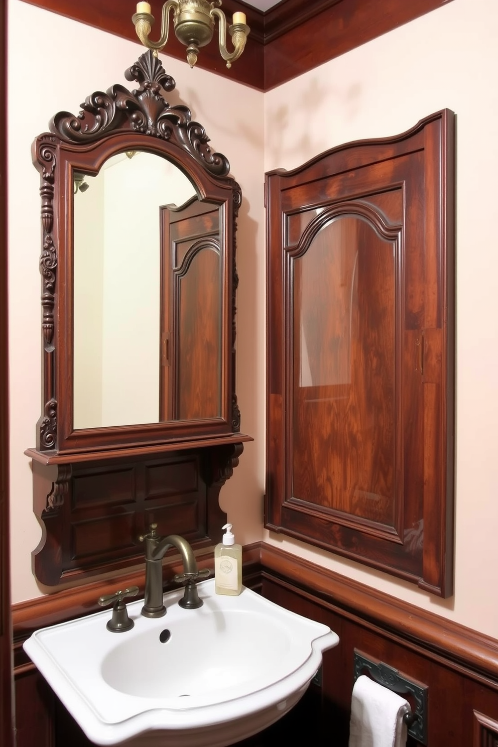 A vintage powder room featuring colorful mosaic tiles as a backsplash. The space is adorned with a charming pedestal sink and a round mirror framed in antique brass. The walls are painted in a soft pastel hue that complements the vibrant tiles. A small wooden cabinet with intricate carvings provides storage while adding character to the room.