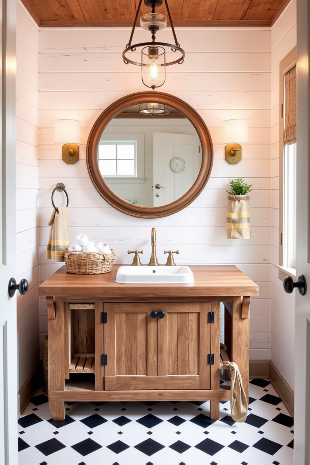 A charming vintage powder room features a decorative ceramic basin as the centerpiece of the sink. The walls are adorned with intricate wallpaper in soft pastel tones, complemented by elegant gold fixtures.